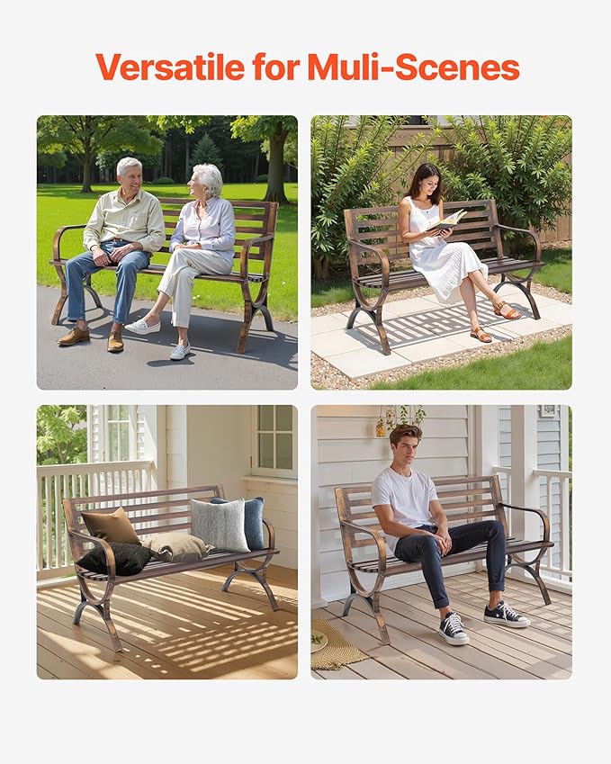 VEVOR Outdoor Bench, 50 inch, Carbon Steel Metal Frame with Slatted Pattern Backrest and Round Edge Armrests, Weatherproof Outside Bench for Patio, Garden, Park, Yard, Front Porch, Antique Bronze