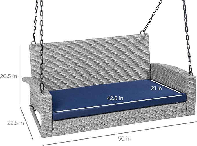 Best Choice Products Woven Wicker Outdoor Porch Swing, Hanging Patio Bench for Deck, Garden w/Mounting Chains, Seat Cushion - Gray/Navy