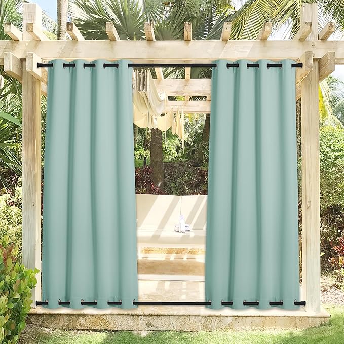 NICETOWN 2 Panels Weighted Outdoor Curtains 95 inch Long, Stainless Grommet Top & Bottom, Waterproof & Windproof Thermal Insulated Sun Blocking Privacy Curtains for Gazebo/Pergola, Aqua Blue, 52" W