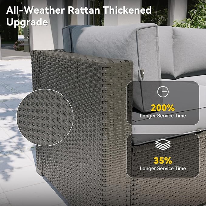 Aoxun Patio Furniture Set, 7 Piece Outdoor Sectional Sofas with Waterproof Cover, Wicker Rattan Outdoor Furniture Patio Conversation Set for Backyard, Garden Light Grey