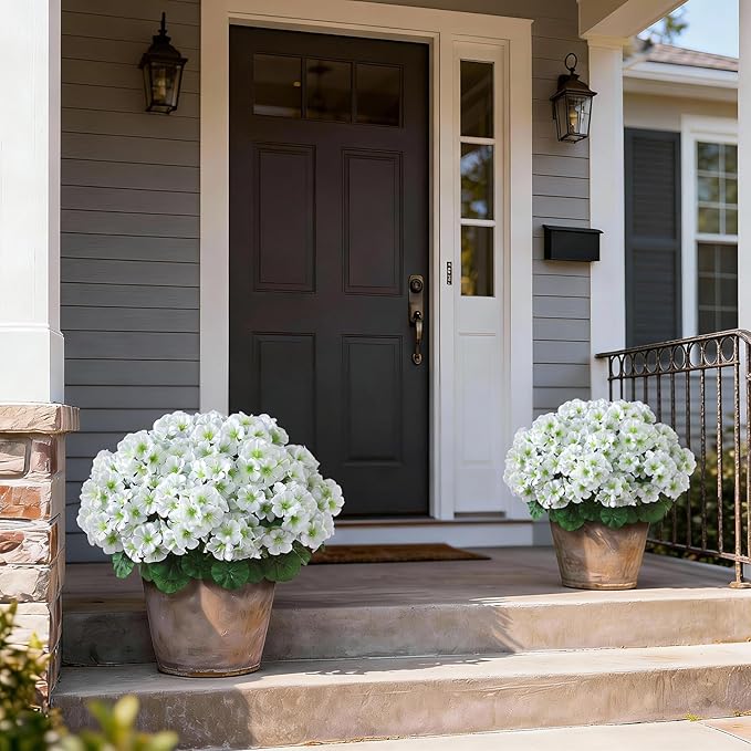 2 Pack Artificial Geranium Flowers Topitary Trees for Outdoors, UV Resistant Geraniums Potted Bushes Look Real Silk Faux Plants for Front Door Garden Porch Planter Farmhouse Home Decor (White)