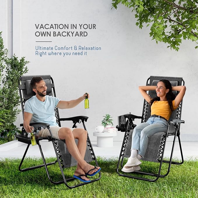 Nestl Zero Gravity Chairs Set of 6, Patio Lounge Chair Outdoor with Pillows & Cup Holder Trays, Adjustable Steel Mesh Reclining Camping Chair, Folding Patio Lawn Chair for Deck, Beach, Yard - Grey