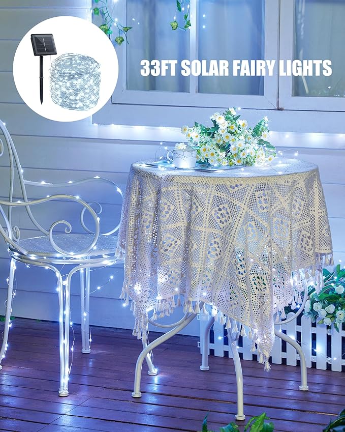 Minetom Solar String Lights for Outside, 33Ft 100 LED Outdoor Solar Fairy Lights, 8 Modes Balcony Lights for Tree Patio Christmas Party Wedding Decor (Pure White)