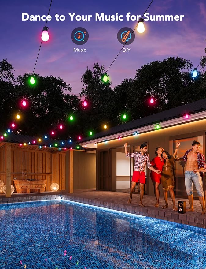 Govee Smart Outdoor String Lights H7016, 96ft RGBIC Outdoor Lights with 30 Dimmable LED Bulbs, IP65 Waterproof, Color Changing Warm White Lights with 47 Scene Modes for Patio, Backyard, App Control
