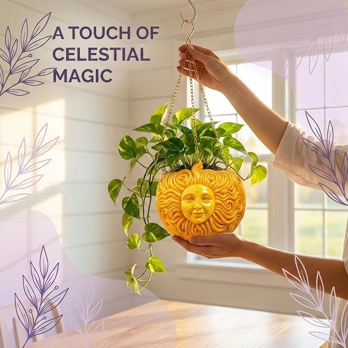 Fun & Unique Sun Face Hanging Planter Quirky Celestial Decor for Plant Lovers – Indoor Outdoor Flower Basket for Succulents & Small Plants – Decorative Garden Yard Art