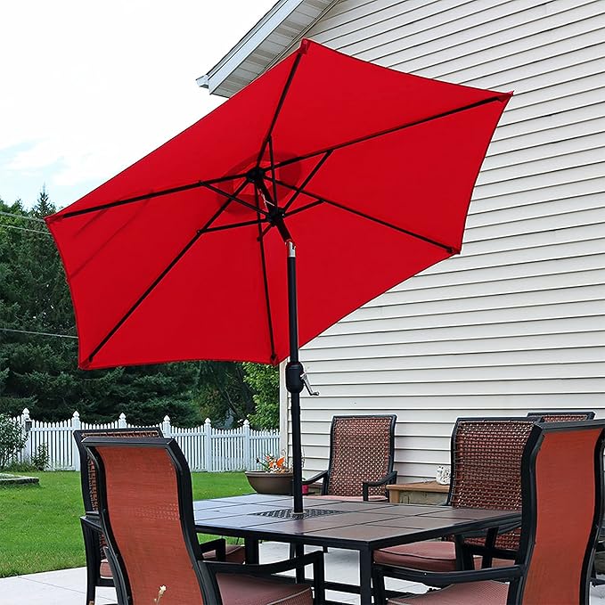 Sunnydaze Outdoor Patio Umbrella - Polyester Table Market Umbrella with Push-Button Tilt and Crank - 6 Sturdy Ribs - Red - 7.5ft