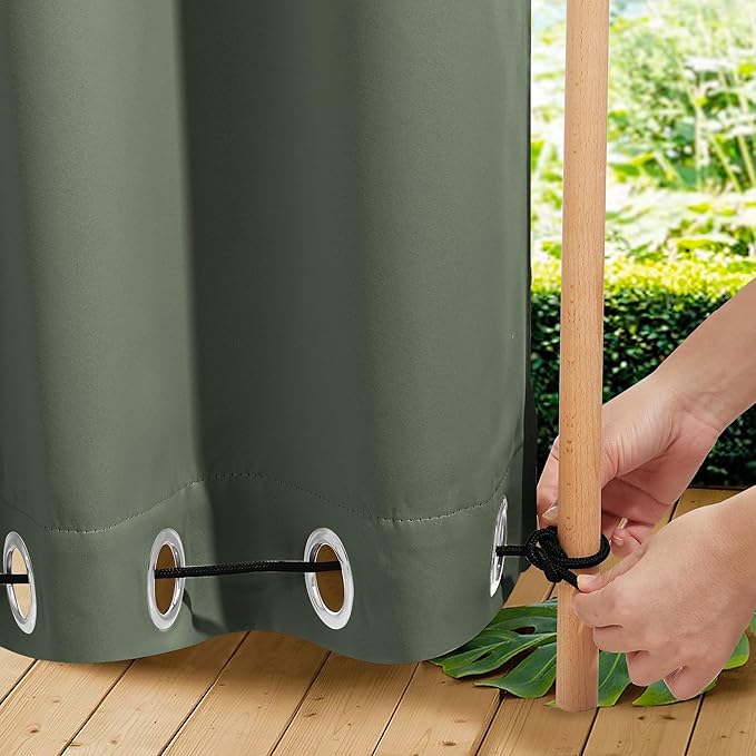 NICETOWN 2 Panels Outdoor Curtains Waterproof Fixed Grommet/Back Tab on Top & Bottom, Thermal Insulated Windproorf Sun Blocking Outdoor Drapes with Rope for Patio/Gazebo, W52 x L84, Greyish Green