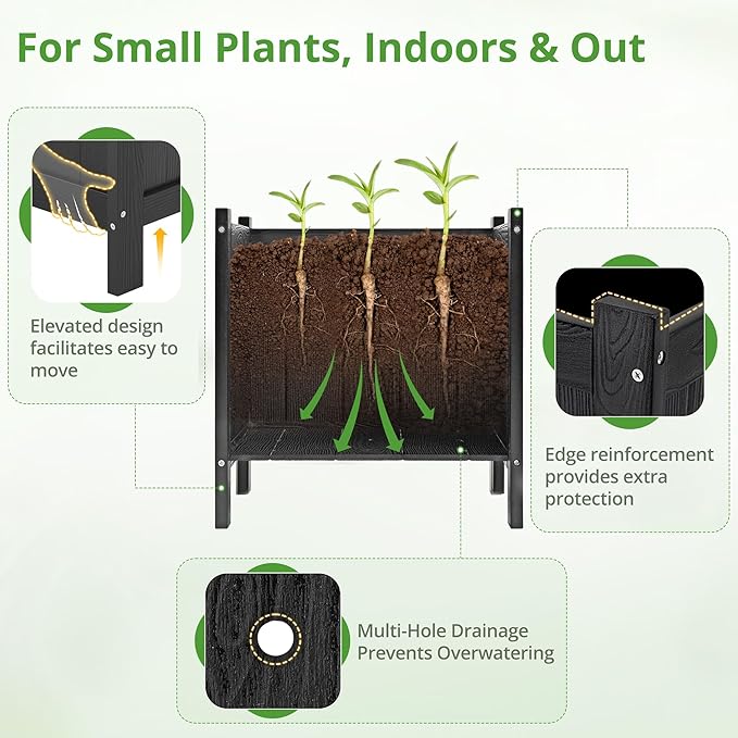LUE BONA Outdoor Plant Pots, 13.7" x 12.5" x 14.5" HDPS Flower Pots with Drainage Holes, Outdoor Planters Boxes for Outdoor Plants - Porch Patio, Garden or Entryway, Black