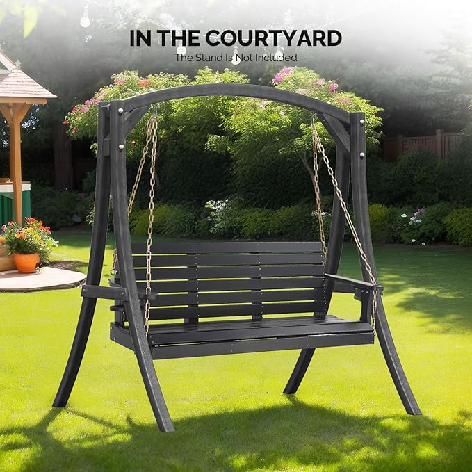 VINGLI Heavy Duty 1600 LBS HDPE Porch Swing Outdoor with Rotatable Cup Holder, 5 FT Patio Bench Swing with Adjustable Chains, 3 Person Hanging Porch Swing Chair for Porch, Yard, Tree, Garden - Black