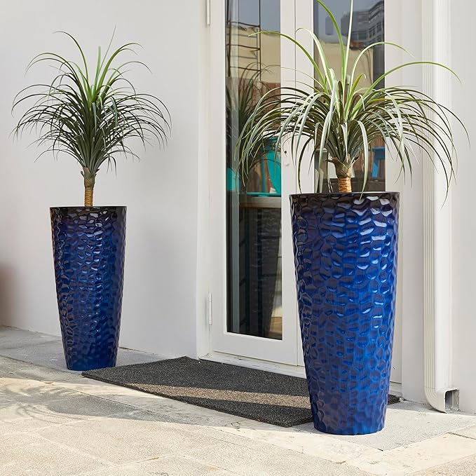 Glitzhome 31" H Oversized Tall Planter, Set of 2 Honeycomb Textured Gradient Cobalt Blue Round Garden Plant Pots with Drainage Holes, Large Flower Containers for Indoor Outdoor Front Door Patio