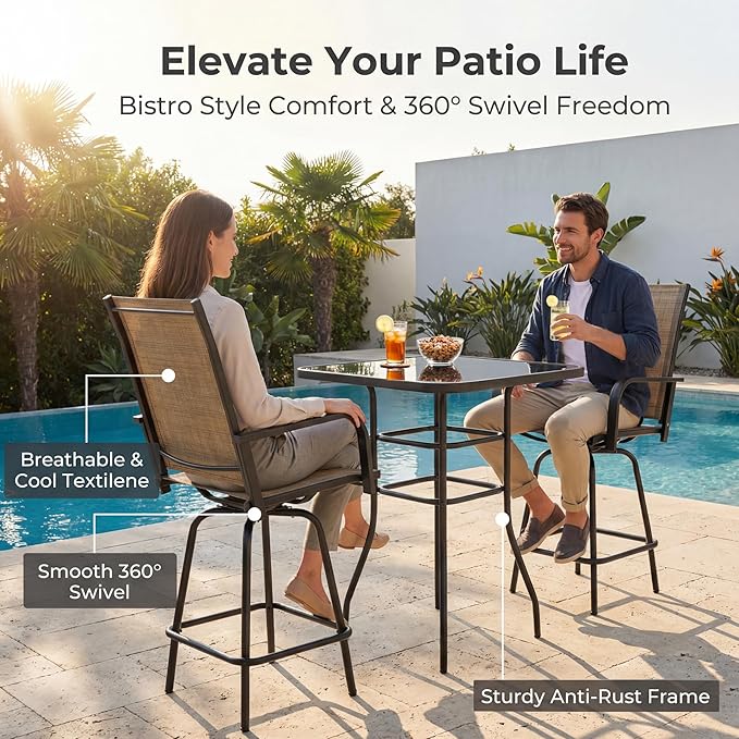 Homall 3 Piece Outdoor Patio Swivel Bar Stools Set, High Top Table with 2 Textilene Fabric Chairs, Counter Height Bistro Furniture for Balcony, Backyard, Poolside, Brown