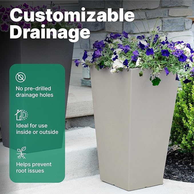 Step2 Tremont Tall Square Tapered Planter, 28", Indoor/Outdoor Plants, Efficient Drainage, Durable Resin, Concrete