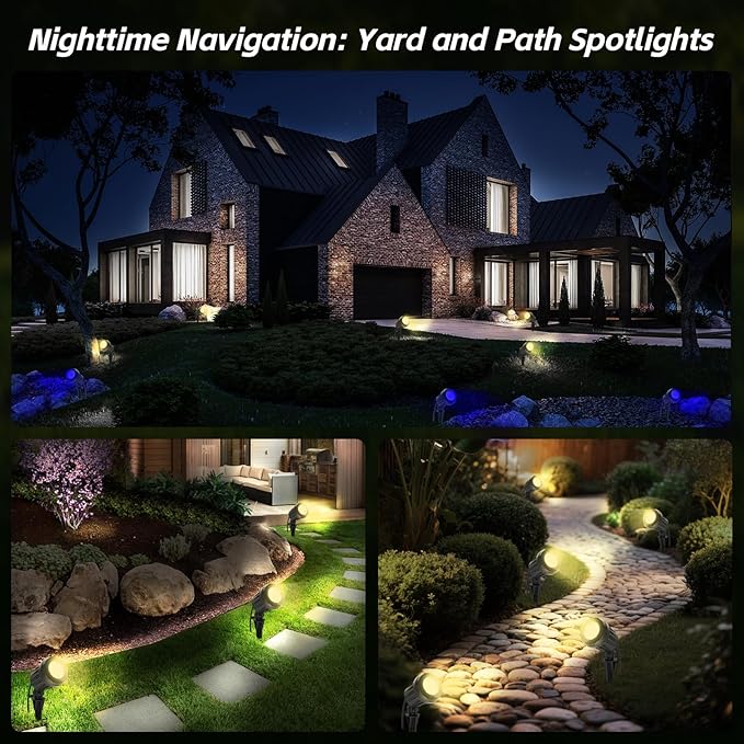 Spotlight Outdoor – 120V Plug-in, 2700K Warm White LED Landscape Spot Lights with RGB 3 Lenses for Yard, Garden, Lawn&Tree Decor, IP67 Waterproof, Perfect for Holidays&Everyday (2 Pack, Black)
