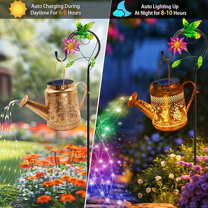 2 Pack Solar Lanterns Outdoor Waterproof,Hummingbird Watering Can Garden Decor,Hanging Solar Path Lights Yard Art,Outside Patio Decorations Gardening Christmas Gifts for Mom Grandma Women (with Hook)