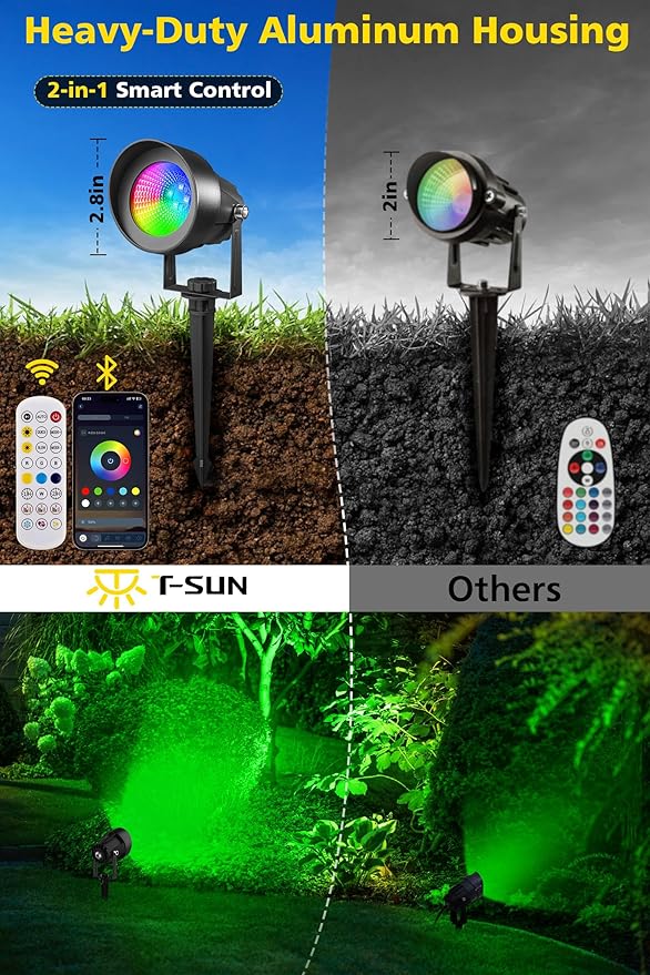 T-SUN Smart Color Changing Landscape Lights, RGBW Spotlights Outdoor with App & Remote, Music Sync, 16M Colors, Timer, Dimmable Waterproof Spot Light for Yard Garden Tree, Set of 2