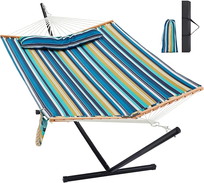 Two Person Hammock with Stand for Outside Heavy Duty, Outdoor Patio Hammock with Portable Steel Stand, Large Double Hammocks,480lbs Capacity.(Middle Blue Stripes)