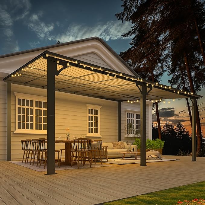 AECOJOY 16' x 12' Gazebo Outdoor Pergola for Patio, 12x16 Large Wall-Mounted Hard Top Lean to Metal Gazebo Shelter Pergolas and Gazebos Clearance with Patio Roof, Heavy Duty Awnings for Decks