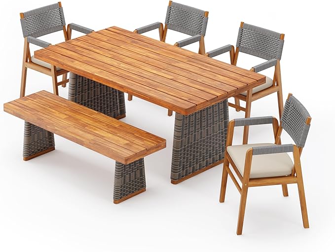 Christopher Knight Home Pasco Acacia Wood Outdoor Dining Table Set for 6, Wicker Patio Dining Set with Acacia Wood Table and Bench, Patio Table and Chair Set with Cushion+Rope Backrest, Teak+Grey