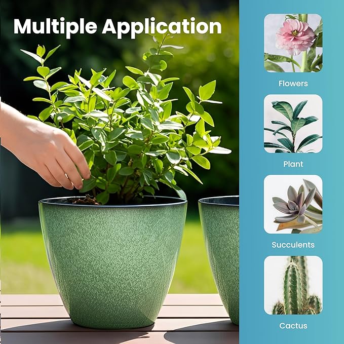 2 Pack Plant Pots for Indoor Outdoor Plants, 8 inch Plastic Flower Pots, Glazed Planter for Aloe, Herbs, Cactus (Green, 2pcs)
