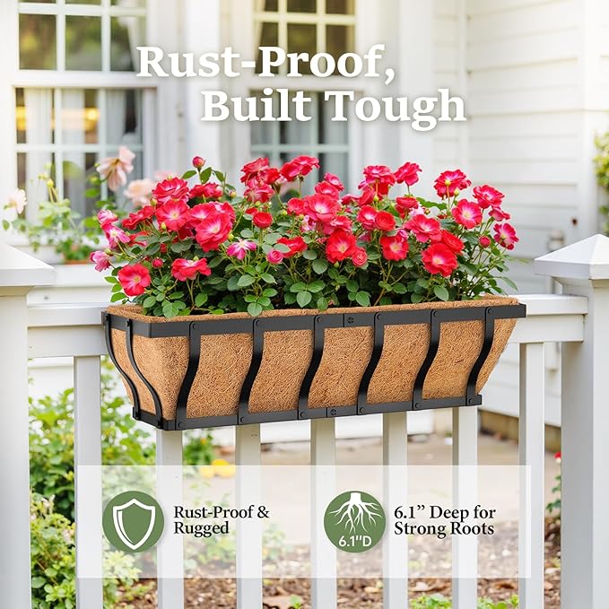 Railing Planter Boxes, Heavy Duty Window Box Planters, Adjustable Balcony Planters for Railing Hanging, with Coco Liner & Support Rod for Deck, Porch, and Patio Gardening (3 Pack, 24 Inch)