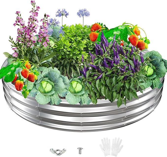 Durable Round Galvanized Steel Raised Garden Bed for Planting,Round Galvanized Steel Fire Ring/Fir Pit for Outdoor- 6×6×1FT,0.8MM Thick (Silver, 72 ins Diameter x 12 ins high)
