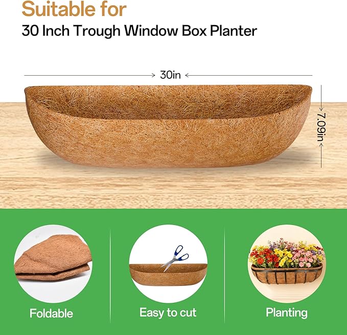 ZeeDix 30 Inch Trough Coconut Liners for Planters - 100% Natural Coconut Coir Fiber Planter Liners Replacement for Window Boxes, Wall Baskets, Deck Flower Boxes, Garden Railing Fence Troughs (4Pack)
