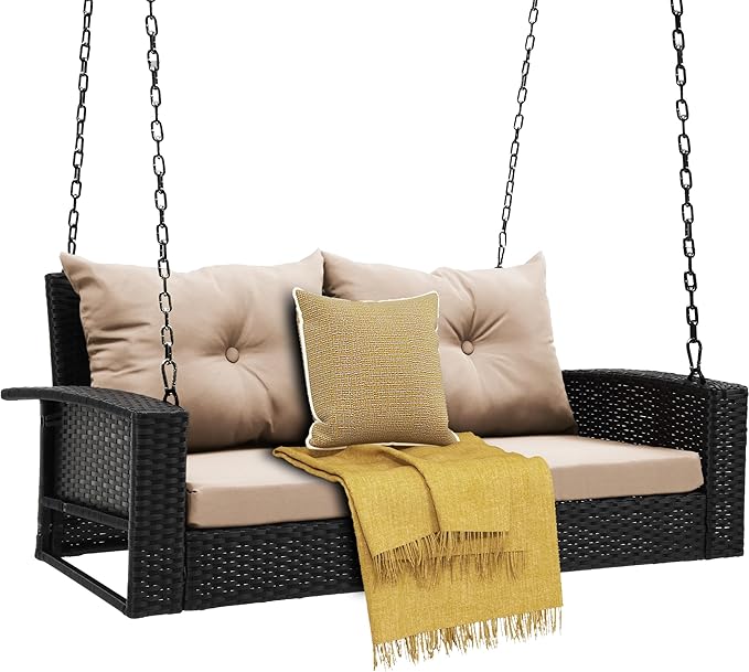 DWVO Wicker Hanging Porch Swing Chair Outdoor Brown Rattan Patio Swing Lounge w/ 2 Back Cushions Capacity 530lbs for Garden, Balcony, Living Room, Beige