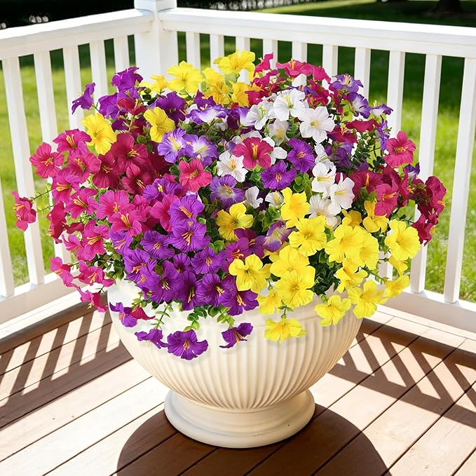 INQCMY Artificial Flowers for Outdoors Fake Plants Spring Decoration, 12 Bundles Faux Petunias UV Resistant No Fade Realistic Silk Flower for Outside Planters Patio Porch Yard Window Box