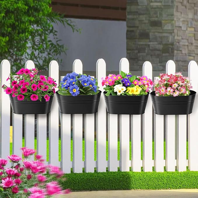 MADHOLLY Railing Planter with Drainage Holes - Sturdy Bucket Pots for Railing Fence, Countryside Style Metal Flower Pots for Herbs Balcony Garden Yard Decor, 4Pcs, Black