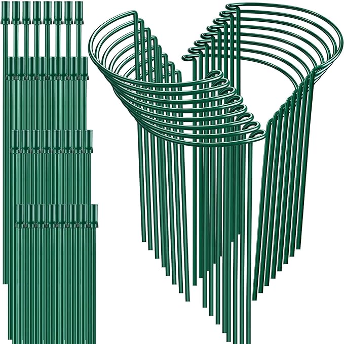 16 Pack 32 or 16 inch Adjustable Plant Support Stakes, Heavy-Duty Half Round Peony Support, Garden Plant Stakes Cage for Outdoor Plants, Peony, Tomato, Hydrangea, (16In Support +16In Extension Tubes)