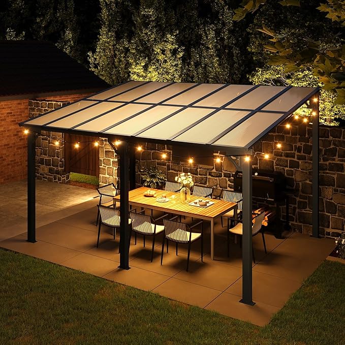 Aoxun 14'x 10' Premium Gazebo with Aluminum Top Frame & Polycarbonate Panel, Wall Mounted Gazebos Pergola, Outdoor Patio Lean to Gazebo, Awnings with Sloped Roof, for Backyard, Porch, Deck
