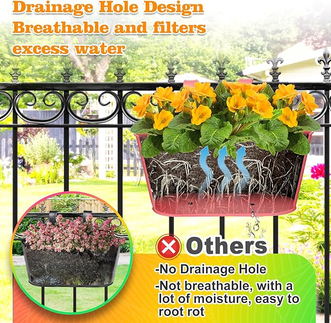 MADHOLLY Railing Planter with Drainage Holes - 6Pcs Sturdy Bucket Pots for Railing Fence, Countryside Style Metal Flower Pots for Herbs Balcony Garden Yard Decor, Colorful