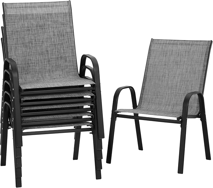PIZZELLO Patio Chairs Set of 6 - Outdoor Stackable Dining Chairs for All Weather - Lightweight Textilene Outdoor Chair Sets with Armrests - 330Lbs Capacity - for Backyard Garden Porch Poolside (Grey)