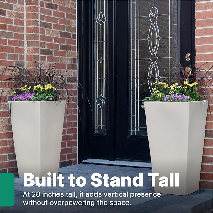 Step2 Tremont Tall Square Tapered Planter, 28", Indoor/Outdoor Plants, Efficient Drainage, Durable Resin, Concrete