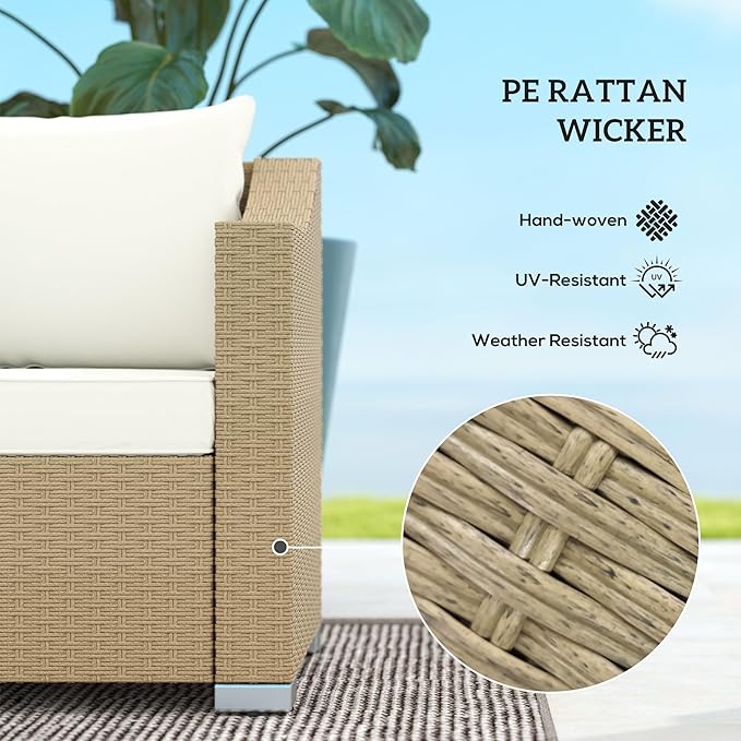 Outsunny 3 Seater Patio Sofa, Wicker Sofa with Cushions, Outdoor Furniture Rattan Couch with 2 Throw Pillows, Deep Seating, for Garden, Backyard, Porch, Cream White