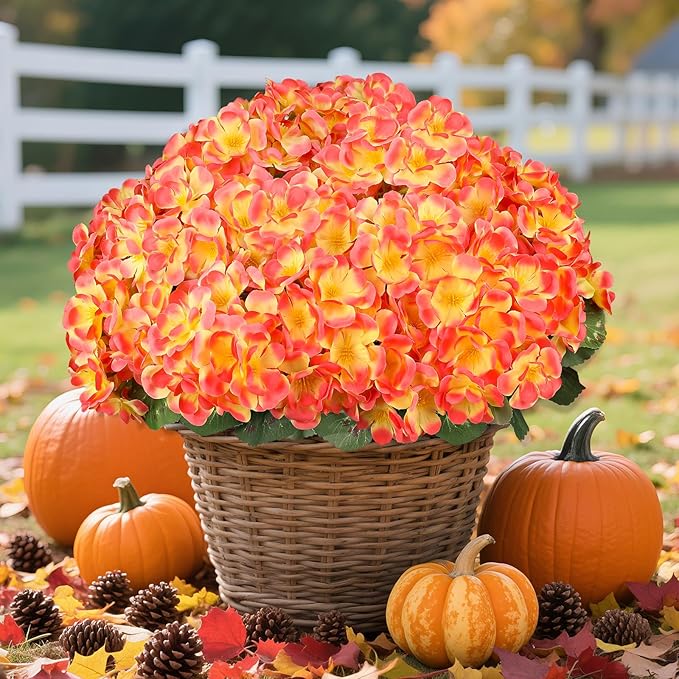Artificial Fall Flowers for Outdoors, 6 Bundles Realistic Silk Fake Geraniums, No Fade Autumn Faux Plants for Hanging Baskets, Window Boxes, Planters - Porch, Patio, Garden Decor(Sunset)