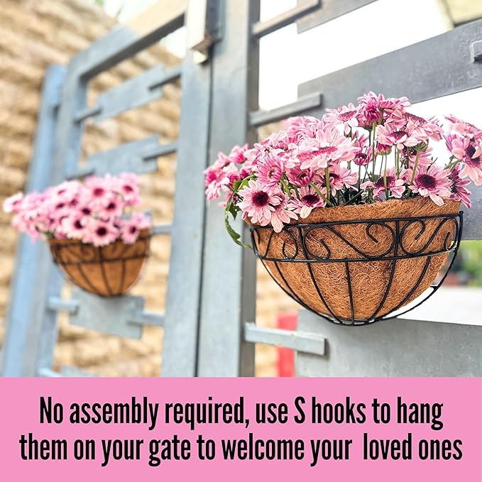 LaLaGreen 16 Inch Wall Mounted Flower Baskets, 4 Pack, Large Railing Planter Deck Rail Hanging Plant Pots Holders with Coco Liner Outdoor, Metal Herb Fence Porch Balcony Garden Patio Window Box Trough