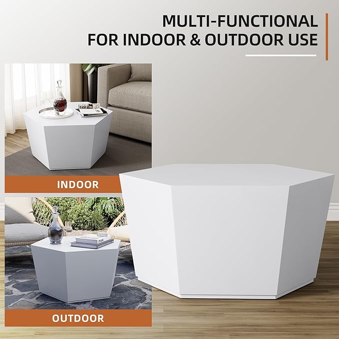 UPHA Outdoor Hexagon Coffee Table, Small Modern Minimalist Accent Tables, Low Light Concrete Center Table for Living Room, Outside Patio, Deck, 28×24.2×15.4, Pure White