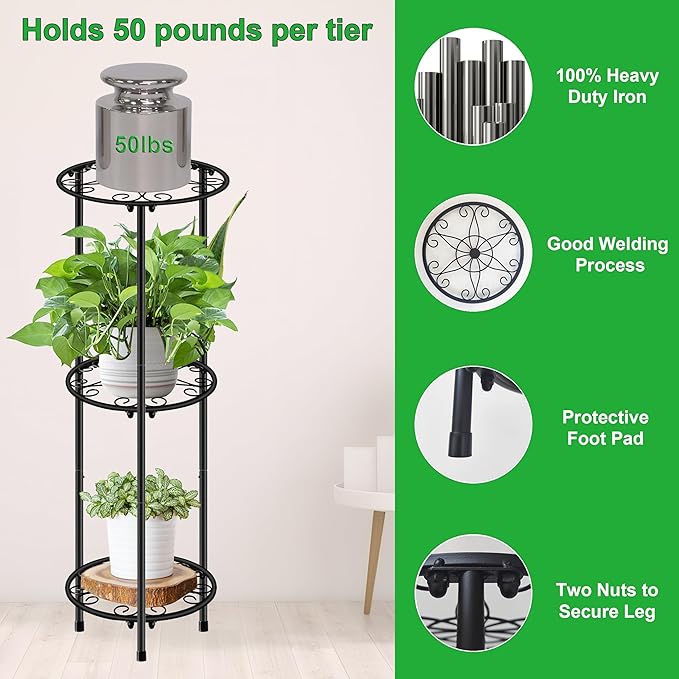 CASIMR Plant Stand Indoor Outdoor, Metal Rustproof Flower Shelf 3 Tier 32.3 inch, Tall Multiple Plant Pot Holder Rack for Garden Patio Living Room Corner Balcony, Black