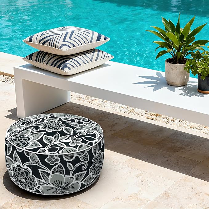 LVTXIII Indoor/Outdoor Inflatable Ottoman with Handle D21 x H9 Inch, Weather-Resistant Round Footstool Pouf for Patio Camping Living Room, Portable Footrest Extra Seating, Flower Black
