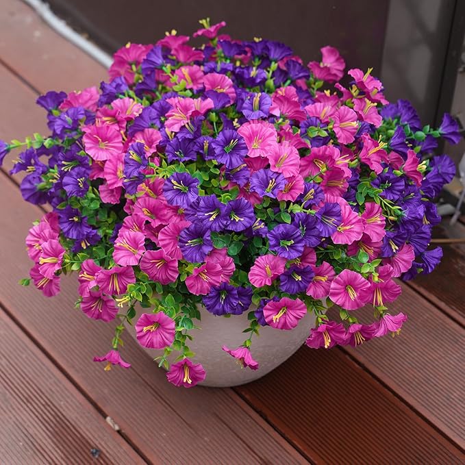 Artificial Flowers for Outdoors, UV Resistant Fake Silk Morning Glory, Realistic Faux Plants for Outside Porch Patio Window Box Hanging Planter (16, Fuchsia)