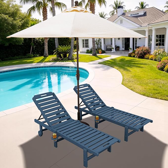 SERWALL Outdoor Chaise Lounge Set of 2 with 9FT Umbrella, HDPE Pool Lounge Chair with 5-Position Adjustable Backrest, Patio Lounger with Rolling Wheels & Cup Holder for Pool, Navy