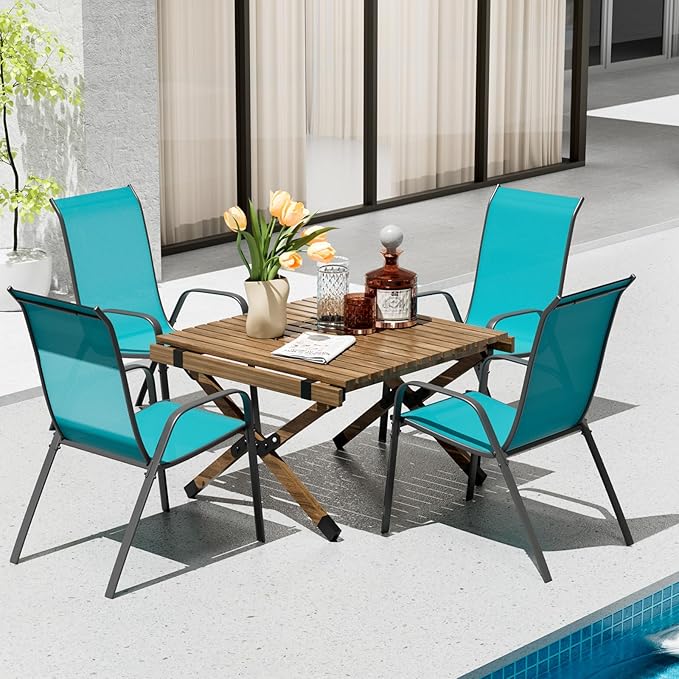 TLSUNNY Patio Chairs, Stackable Textilene Outdoor Dining Furniture for All Weather, with 17.7″ Wide Seat & Metal Frame, for Garden, Backyard, Deck, Restaurant, Poolside (4, Turquoise Blue, 26.4″)