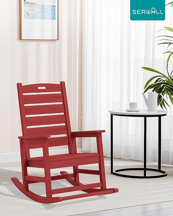 SERWALL Outdoor Rocking Chair Set of 2, Oversized Rocking Chair with Footboard for Adults, HDPE All Weather Resistant Rocking Chairs for Patio, 350lbs Weight Capacity,Red