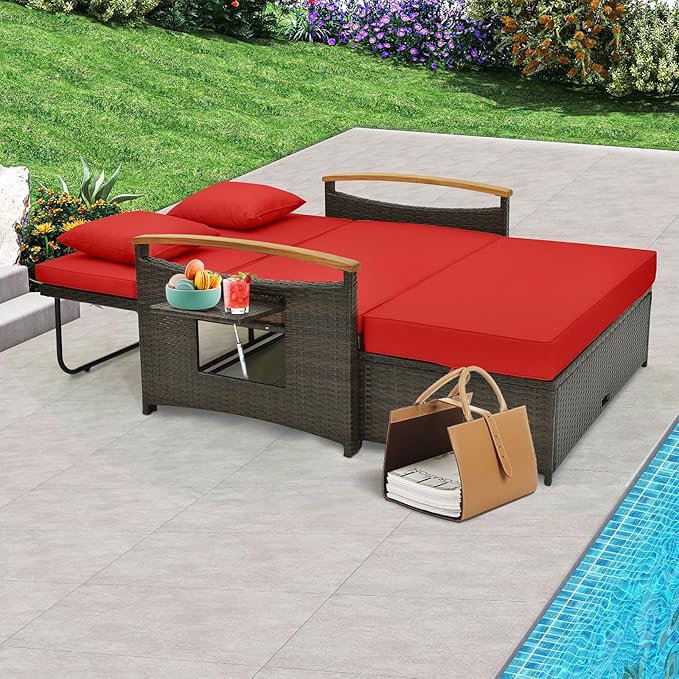 Tangkula Patio Rattan Daybed with 4-Level Adjustable Backrest, Outdoor Wicker Loveseat with Acacia Wood Armrest, Storage Ottoman & Folding Tray, Double Sunbed for Balcony, Backyard & Poolside, Red