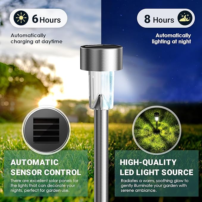 GIGALUMI Solar Lights Outdoor Waterproof, 12 Pack, Stainless Steel LED Solar Garden Lights for Patio, Lawn, Yard and Landscape, Cold White