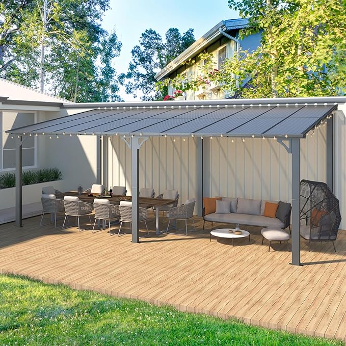 AECOJOY 20' x 10' Outdoo Gazebo Pergola for Patio, Large Wall-Mounted Pergolas and Gazebos Clearance Hard Top 10x20 Lean to Metal Gazebo Shelter Patio Roof, Heavy Duty Awnings for Backyard, Decks