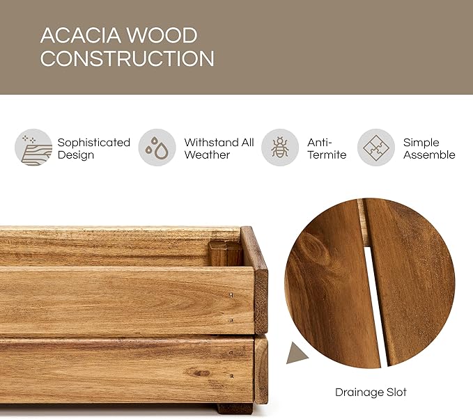 Wooden Planter Box, Storage Box 17”L x6”W x5.5”H with Crate Style, Acacia Wood Flower Container, Rustic Rectangle Planter for Planting, Decor and Storage - 3 Colors (Golden Teak)