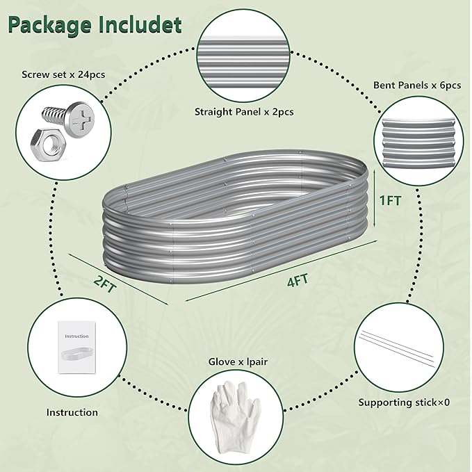 4x2x1FT Galvanized Raised Garden Bed Kit,Vegetable Boxes-Oval Metal Flower Box,Large Planter Raised Beds Outdoor Garden for Planting,Fruit,Herb-Silver