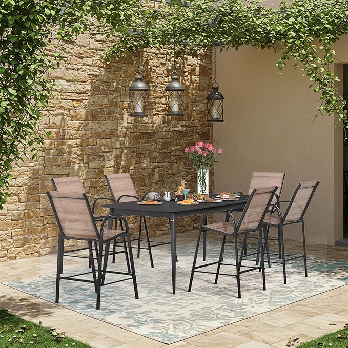 HOMREST Outdoor Bar Height Stools Set of 6,Stackable Patio Chairs with Armrests, High Back Textilene Chairs with Breathable Fabric & Metal Frame for All Weather,Brown